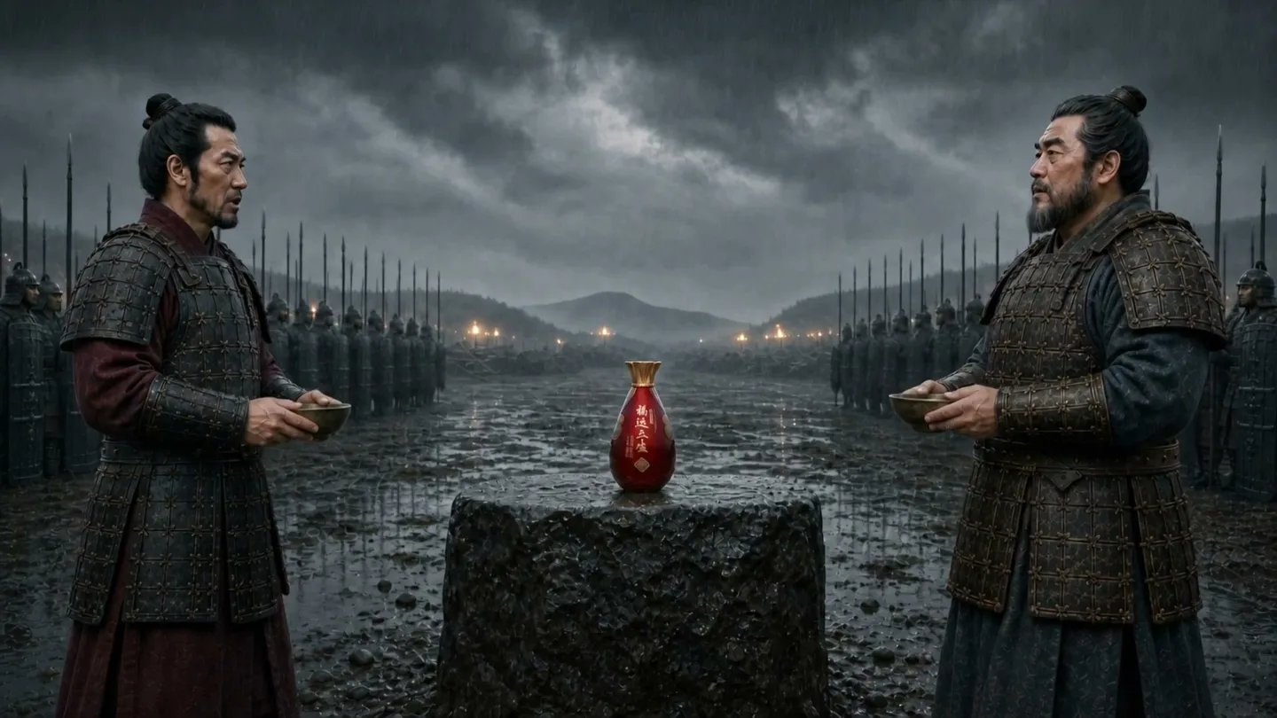 雨中战场上，两位古装人物隔桌举杯，酒瓶置于画面中央