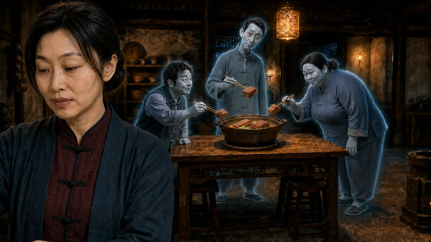 深色厨房中，人物与砂锅腊排骨形成戏剧化场景